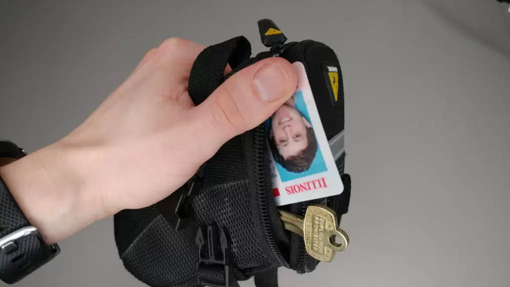 saddle bag with my ID and key coming out